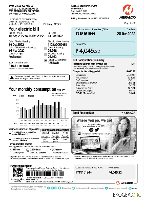 Philippines Meralco utility bill word and pdf template